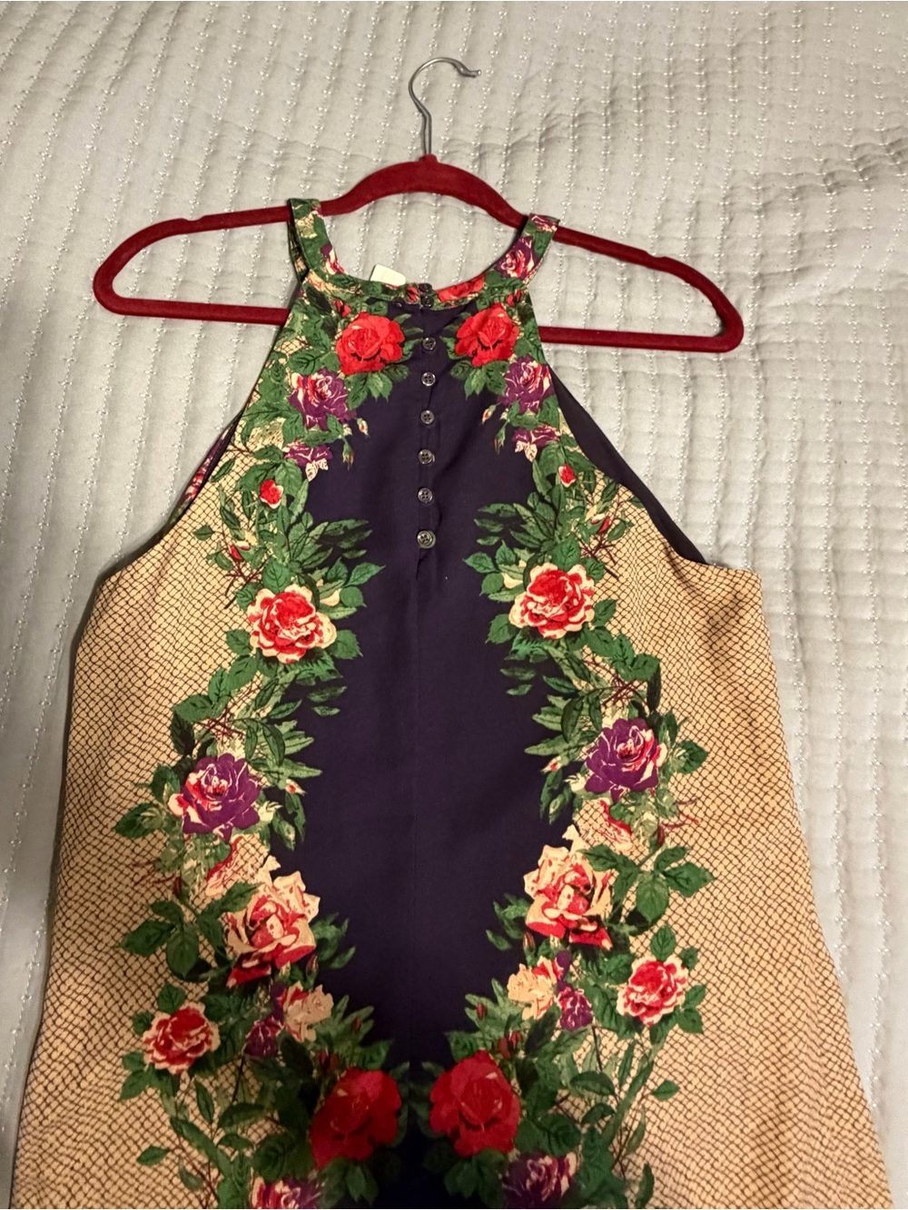 Floral A-Line Dress in Navy and Beige - Picture 2 of 7
